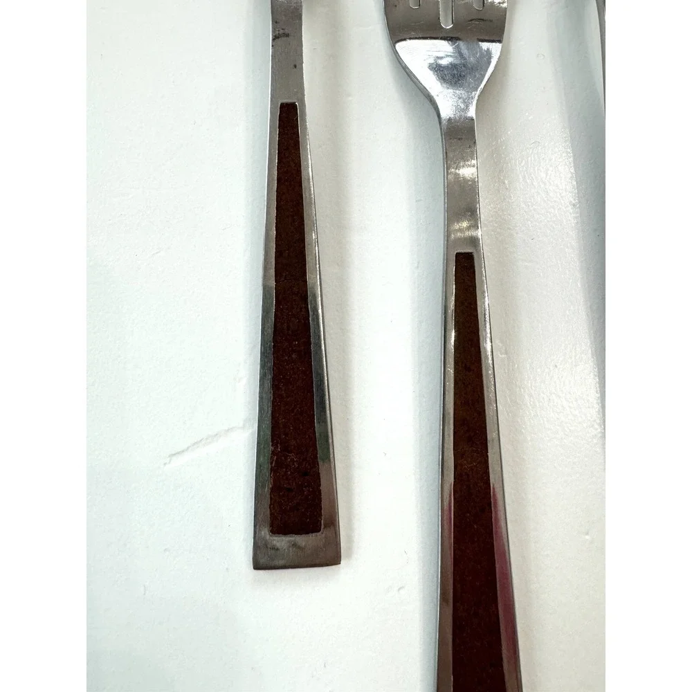 10 Vintage Forks MCM Stanley Roberts flatware provincial walnut Wood Inlay